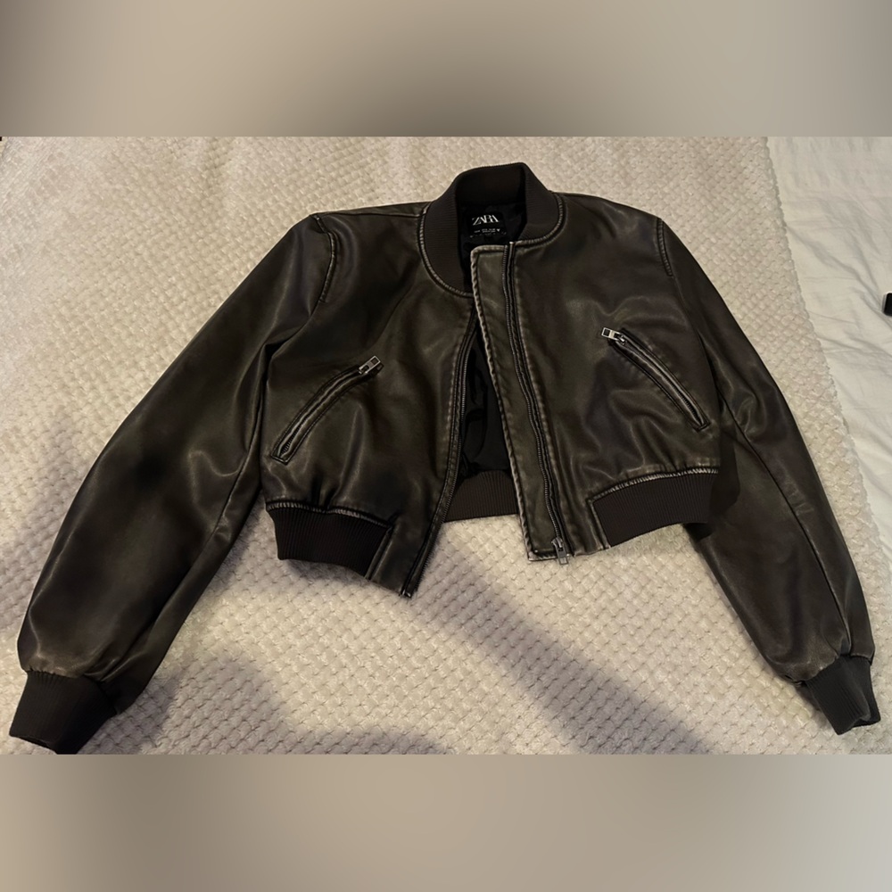 Zara Dark Leather Bomber Jacket